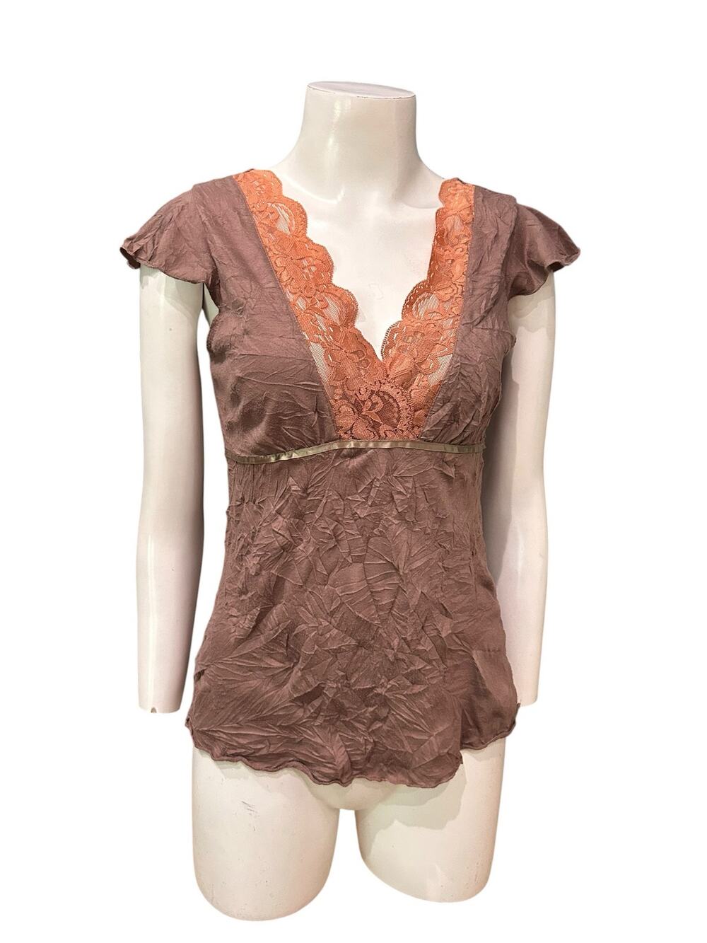 Y2K Crinkle Lace Tie Back Top Small Brown Boho Fairy Grunge Blouse -